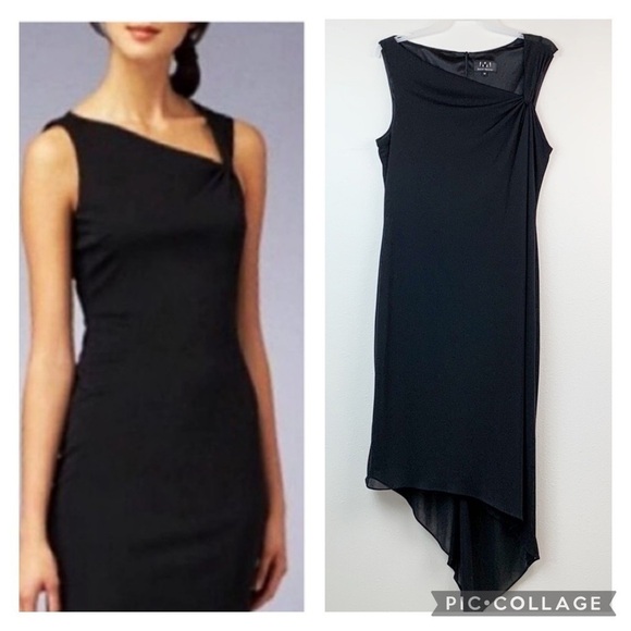 David Meister fitted slinky black shoulder twist sheath dress low back hem EUC!! - Picture 1 of 11